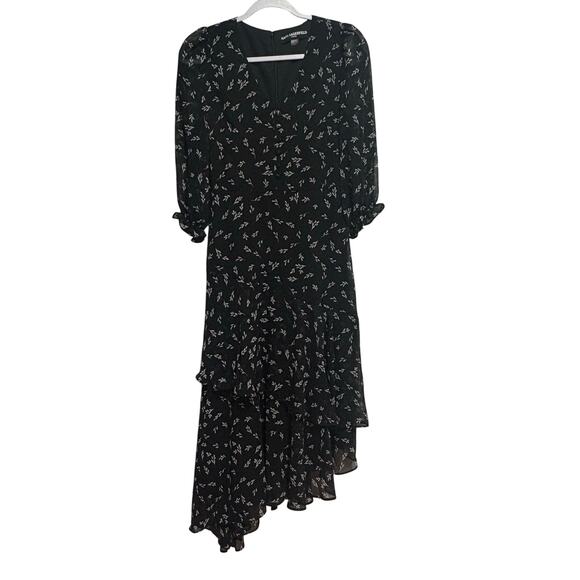 Karl Lagerfeld Paris Women's Black Chiffon Ruffled Floral V-Neck Dress Size 0 - Picture 1 of 6